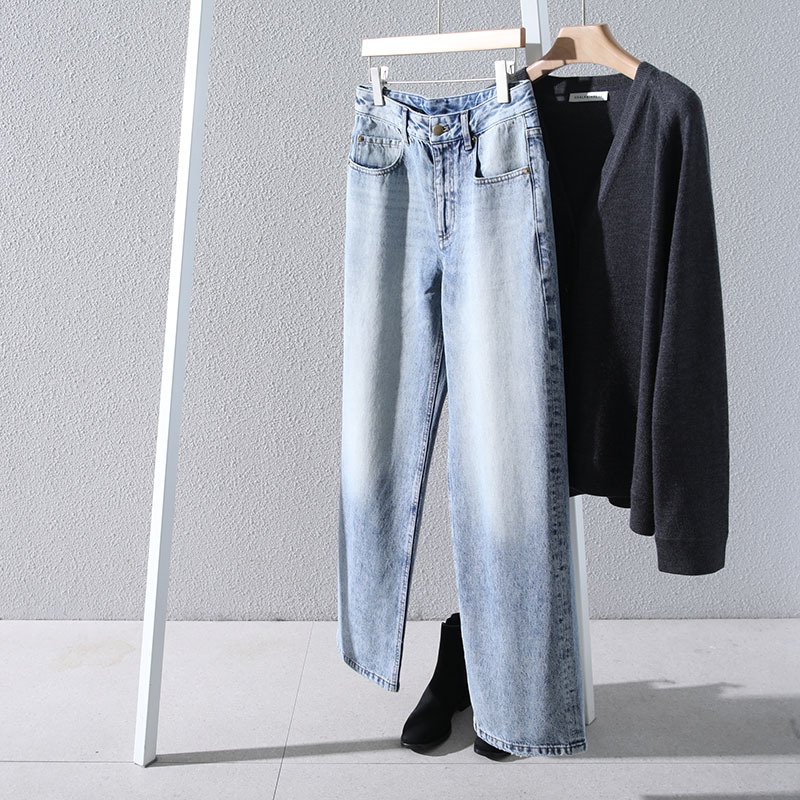 Turkish Pure Cotton, Washed with a Snowflake Effect, Distressed and Frayed, Extended Mid-High Waist Wide-Leg Jeans for Women