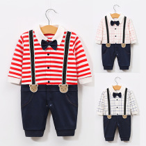 Male and female baby Autumn new 0-1 year old baby clothes 100 days striped strap gentleman dress cotton long sleeve 6 months