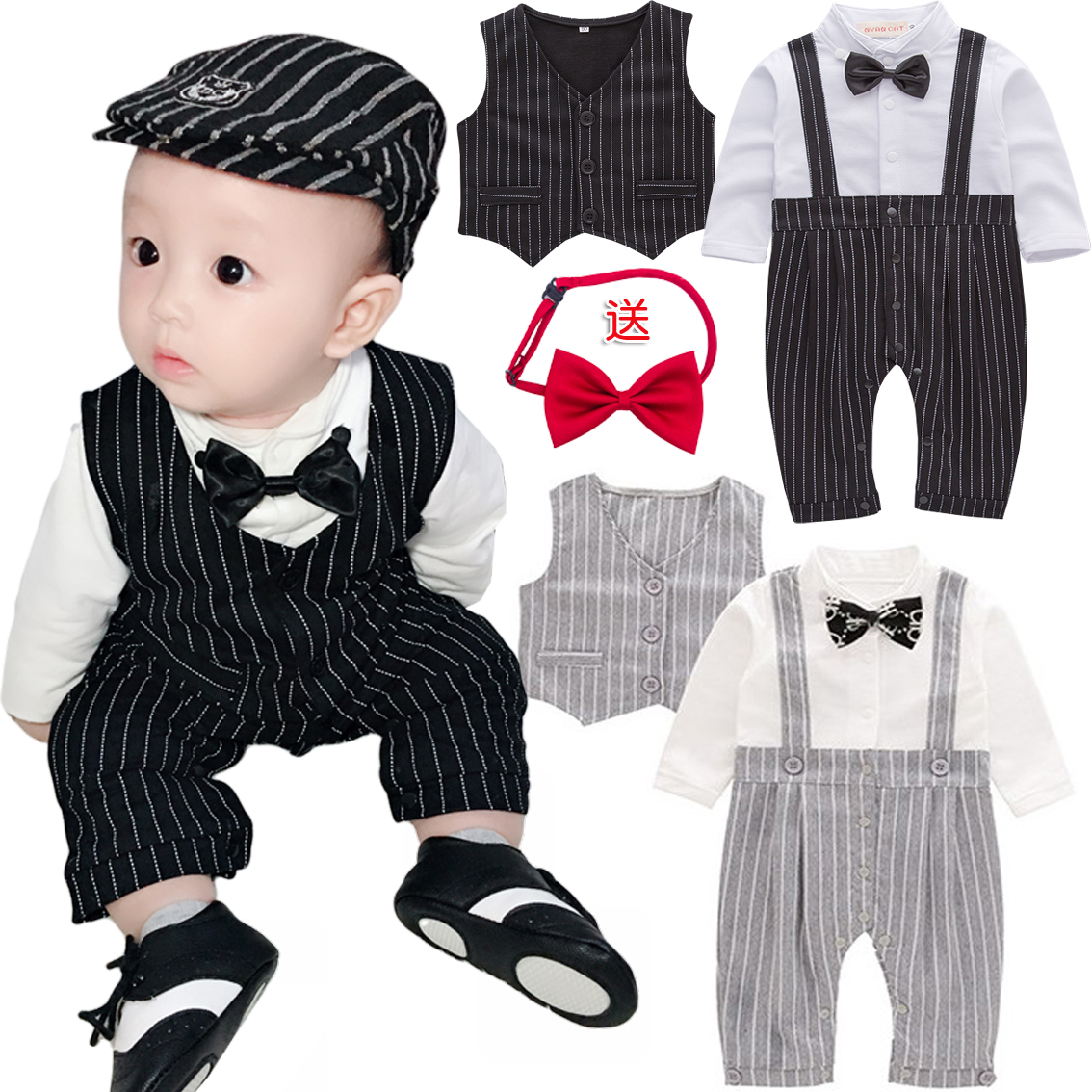 Spring and autumn full moon clothing baby hundred-day clothing gentleman suit hundred-day clothing one-year-old male baby dress photo jumpsuit