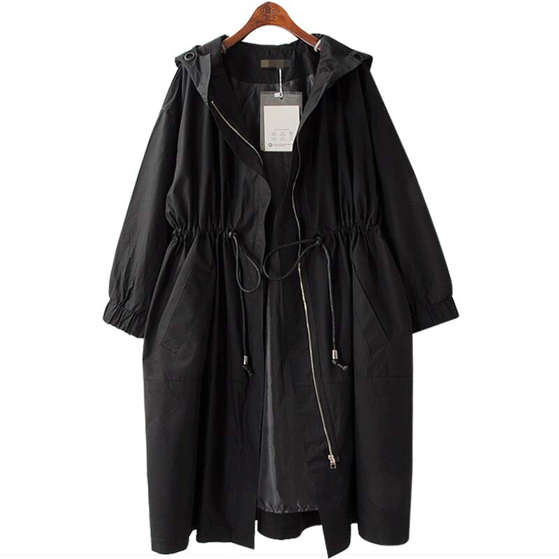 Plus-Size Women's Spring and Autumn Trench Coat, Mid-Length, Hooded, Waist-Cinching, Slimming Effect 100kg Black Coat 130kg