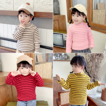 Girls sweater spring and autumn high collar childrens thread clothes pullover striped childrens thick sweater womens baby winter coat