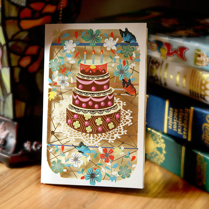 Miss Card birthday cake flat blessing card Three-dimensional hot stamping hollow carving birthday card