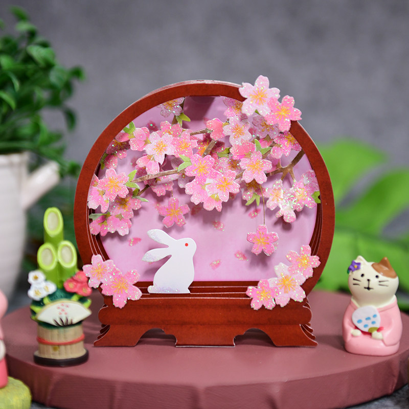 Japanese Spring Stereo Greeting Card Cherry Blossom Moon Rabbit Hollowed-out Mother's Festival Gift Teachers Festival Send Friends Customer Wanuse Card