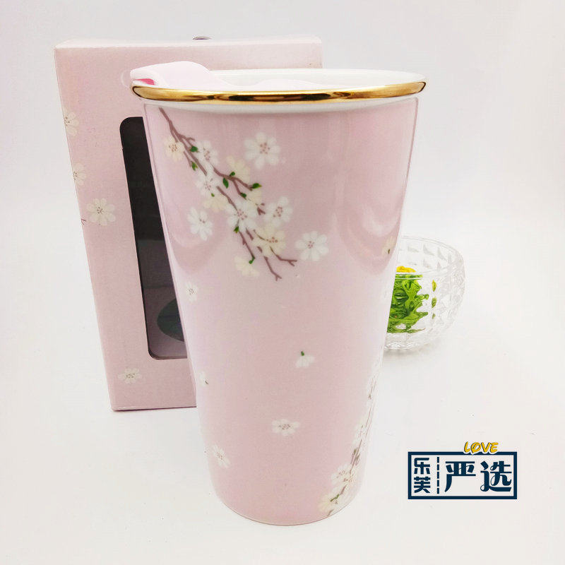 Inventory special price real super beautiful pink cherry blossom double-layer ceramic water cup with lid insulation office female non-refundable