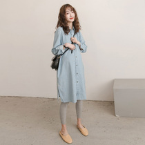 Pregnant Woman Shirt Dress Dress With Dress Summer Clothing Spring Pure Cotton Loose Korean version Long sleeves Damp Dress Mid-Damp Cowboy color