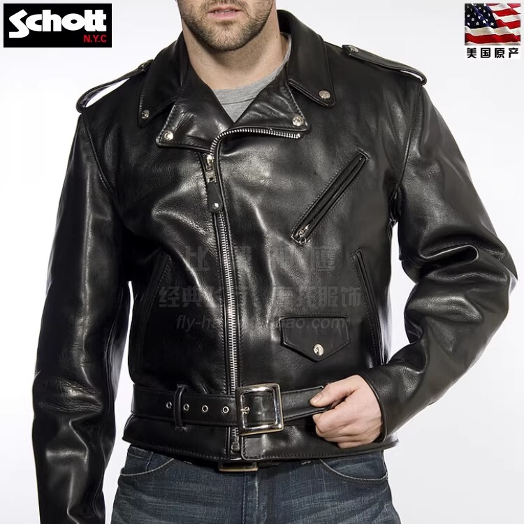 Schott Nyc's Popular American-Made Classic Diagonal Pull-On Style Genuine Leather Motorcycle Rock Jacket # 118
