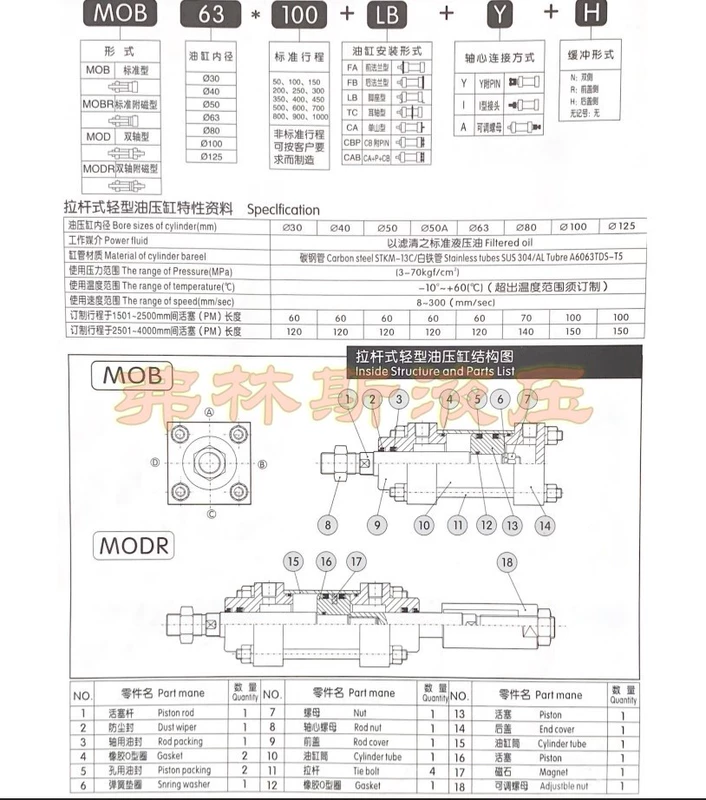 Xi lanh khuôn xi lanh hai chiều thủy lực nhẹ MOB MOB63/80*50 100 150 200 250 300 350