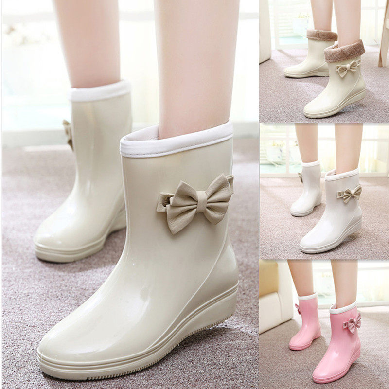 New autumn and winter jelly rain boots women's Japanese and Korean fashion plus cotton rain boots bow mid-tube non-slip waterproof water shoe glue