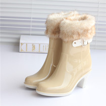  Autumn and winter fashion plus velvet short tube jelly rain boots high-heeled rain boots Korean version of autumn and winter water boots galoshes rubber shoes womens water shoes