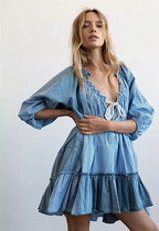 American Free People stitching denim striped bubble sleeve dress blue denim doll dress