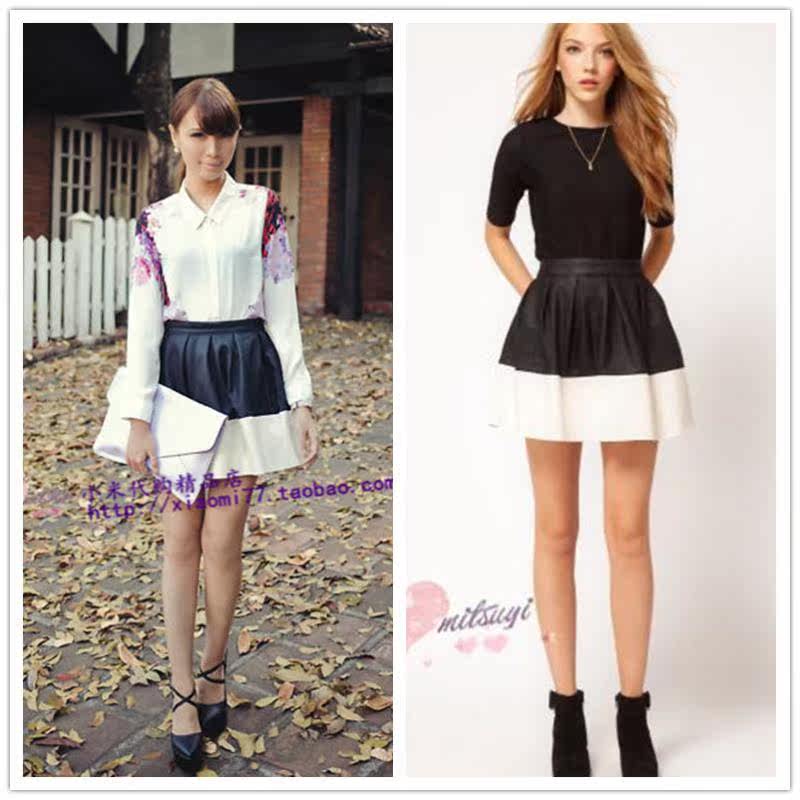 (Special stock)ASOS black and white color leather A-line skirt Design sense short skirt High waist skirt Mini hot girl