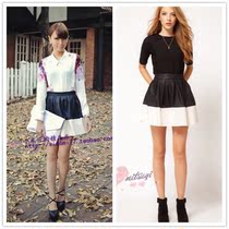 ASOS black and white patchwork leather A-line skirt design feeling skirt high waist half skirt mini hot girl