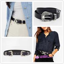 Spot ASOS Leather Belt metal buckle double buckle adjustable Black Belt west wind Joker Europe and America