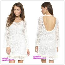 Reverse Daisy Embroidered Dress Hollow See-through Dress Sexy Backless Long Sleeve with Fringe