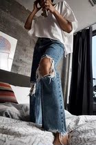American Free People retro worn-out ripped jeans middle waist worn hair beard nine-point trousers