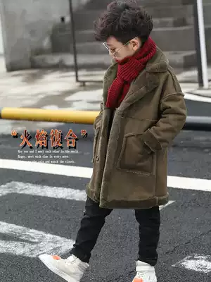 Boy woolen coat medium and long version 2020 Winter new middle and big child fur one coat children Korean version plus Velvet