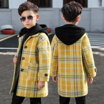 Boys woolen coat autumn and winter medium and large childrens hooded woolen mid-length Korean style top thickened medium and large childrens coat