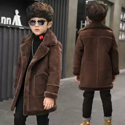 Boys' woolen coat medium long version 2020 winter New Korean version of the child fur one plus velvet thick coat