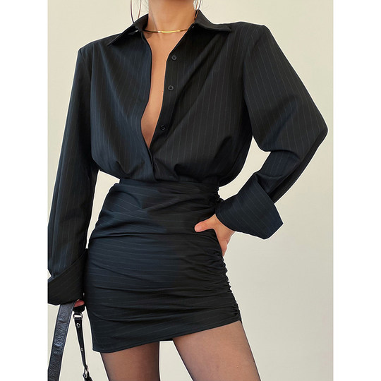 AcupStudio Jiang Upper Right Striped Pleated Dress Women's Spring Design Shirt Skirt A-line Hip Skirt