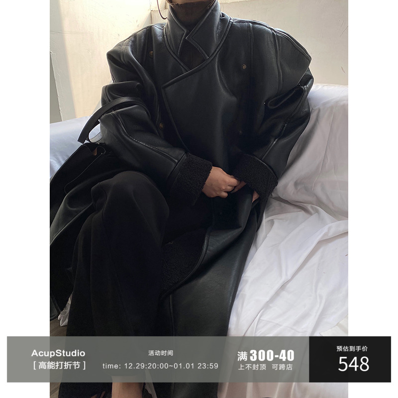 AcupStudio river top right European and American wind advanced senses lamb fur long style leather dress woman handsome gas jacket windcoat jacket-Taobao