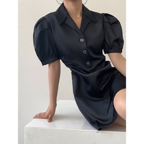 ACUP bubble sleeve dress 2021 summer new waist high grade sense satin acetic acid waist skirt women tide