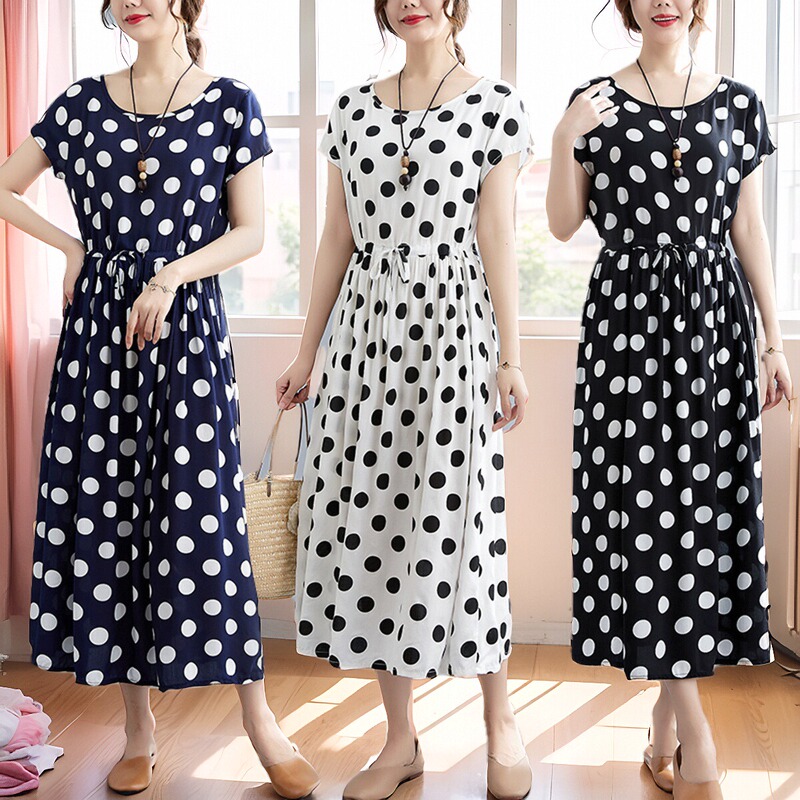 2026 New Summer Cotton Silk Dress for Mothers, Korean Style Loose Polka Dot Nightdress, Mid-Length Dress with a Large Hem for Outerwear 2026 New Summer Cotton Silk Dress for Mothers, Korean Style Loose Polka Dot Nightdress, Mid-Length Dress with a Large Hem for Outerwear