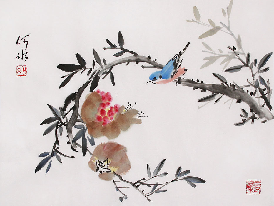 中式水墨花鳥畫原創寫意國畫真跡花鳥題材二尺橫幅作品餐廳裝飾手繪掛畫