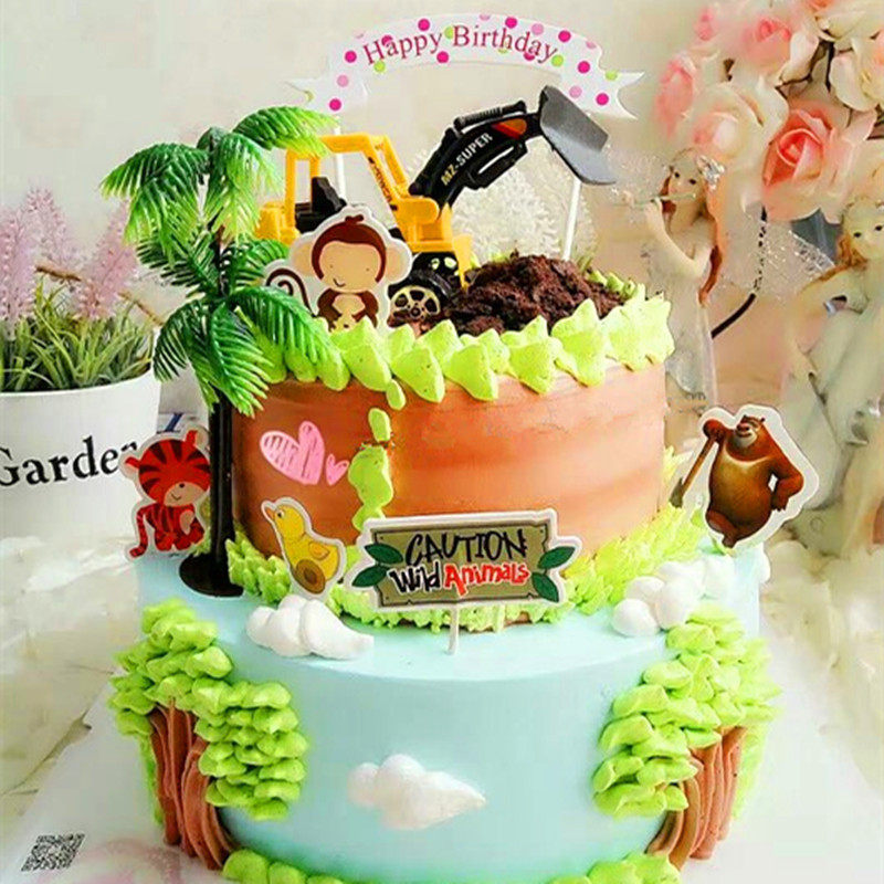 Children's Creative Birthday Cake Decoration Baking Supplies Excavator Cake Decoration Road Roller Excavator