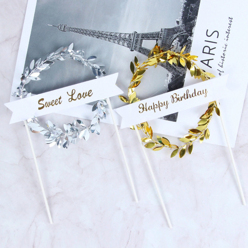 Creative Cake Decoration Birthday Cake Plugin Metal Series Gold And Silver Leaf Flower Rings HB Insert Flag Dessert Table Arrangement