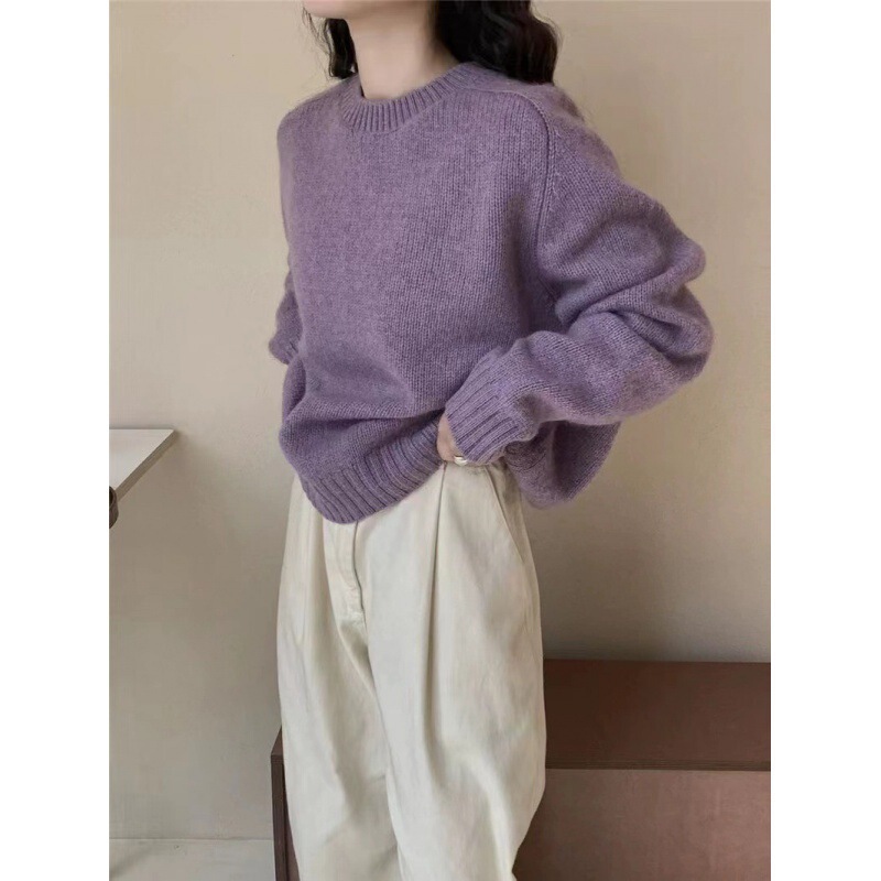 Soft and Gentle Purple Round-Neck Sweater for Women, New Autumn and Winter Style, 100% Pure Wool, Soft and Cozy Knitwear Soft and Gentle Purple Round-Neck Sweater for Women, New Autumn and Winter Style, 100% Pure Wool, Soft and Cozy Knitwear