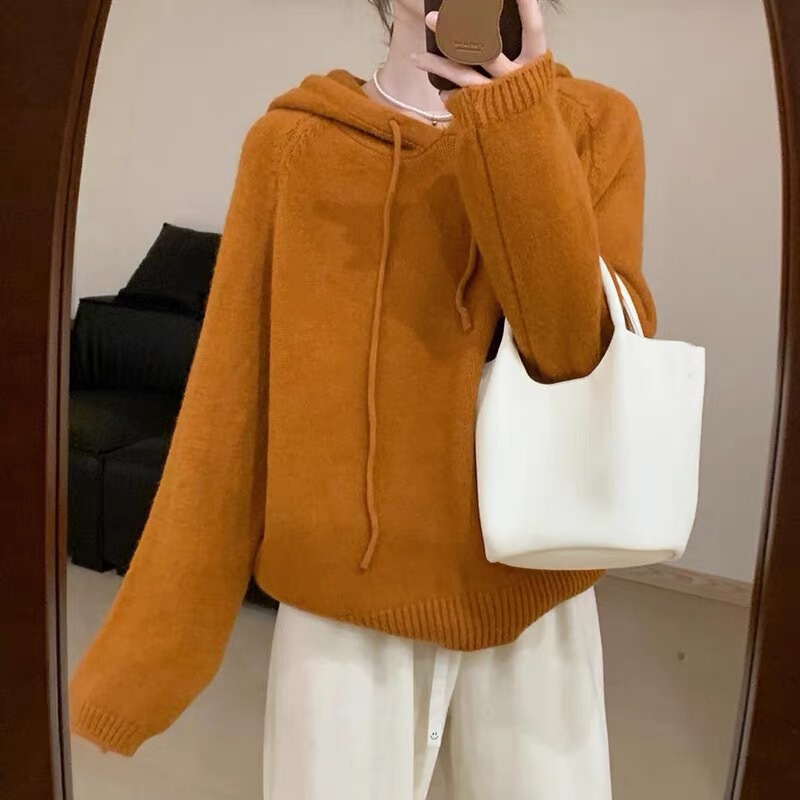 Autumn and Winter 100% Pure Wool Hooded Knit Sweater for Women, Loose Thickened Hoodie, French-Style Cashmere Hooded Top Autumn and Winter 100% Pure Wool Hooded Knit Sweater for Women, Loose Thickened Hoodie, French-Style Cashmere Hooded Top