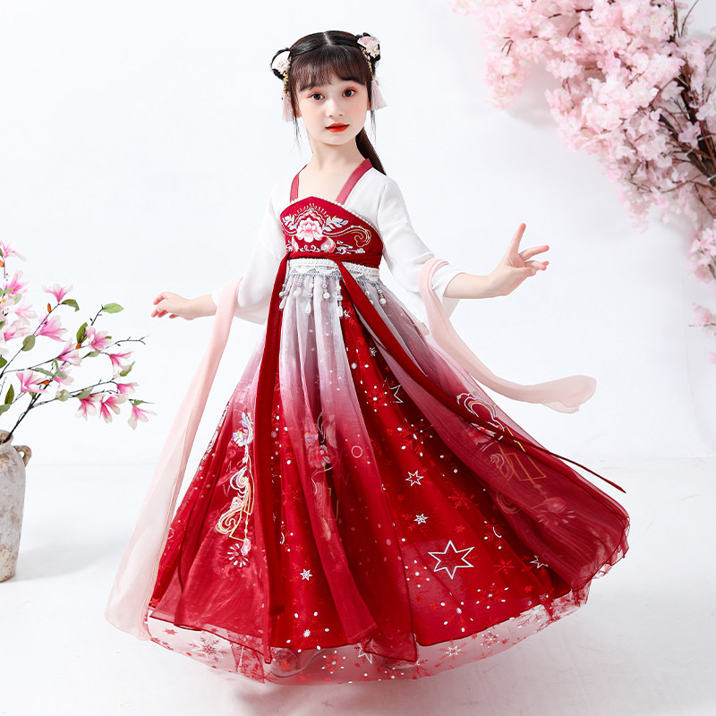 Children's Han suit superfairy dress Chinese Wind Girl Gutsuit Tang Ancient Wind Baby Princess Light Yarn skirt Skirt Flutter