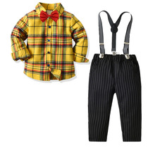 Mens baby autumn 2021 new suit childrens dress boys plaid shirt strap striped trousers four-piece set