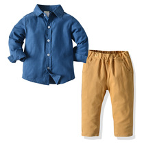 Boy dark blue long sleeve cotton shirt khaki trousers set childrens two-piece spring and autumn baby clothes