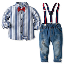 One and a half year old boys autumn set 2021 New 3 boys long sleeve cotton shirt 4 straps jeans dress