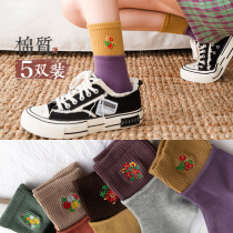 Socks womens middle tube pure cotton autumn and winter ins tide womens stockings stitching winter Korean Japanese cute college style