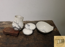 Unique Japanese Seto Ware Shin Shino Tensaku Kotobuki pottery small plate jar opening hand-painted plum blossom plate glazed glaze opening