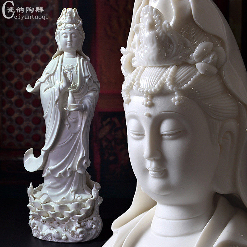 Dehua white porcelain standing lotus bodhisattva ceramic Guanyin statue standing Guanyin ornament Nanhai Guanyin statue