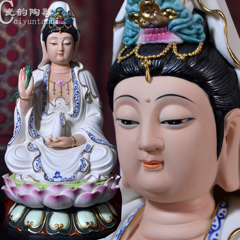 Ceramic Guanyin Buddha Statue Town House Feng Shui Offering Bodhisattva Ornament Dehua White Porcelain Hand Color Western Three Holy Guanyin Statue