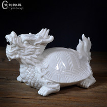 Ceramic Lucky Dragon Tortoise Ornaments White Porcelain Feng Shui Mascot Home Crafts Golden Money Tortoise Lucky Town House Office