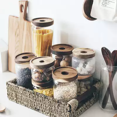 House sealed jar glass food glass bottle with lid Miscellaneous grain storage tank sugar jar tea jar large acacia wooden cover