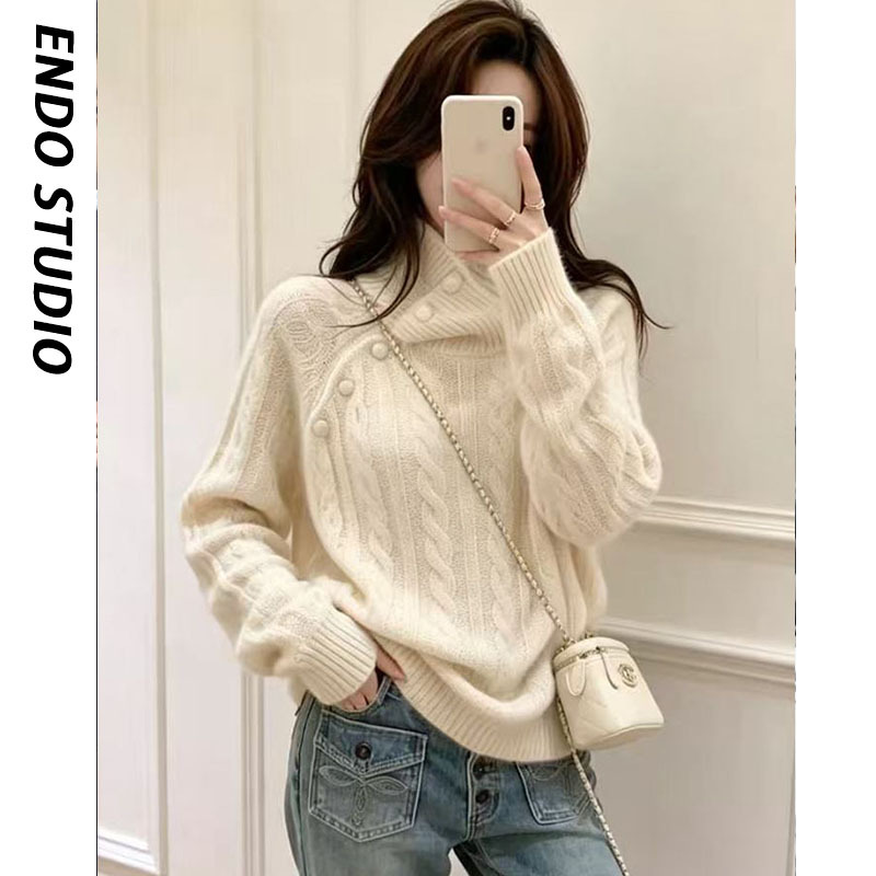 Twist-Cable High-Neck Sweater for Women, Winter Lazy Chic Knit Top, Red Skirt, Same Style as Ju Jingyi and Yang Mi