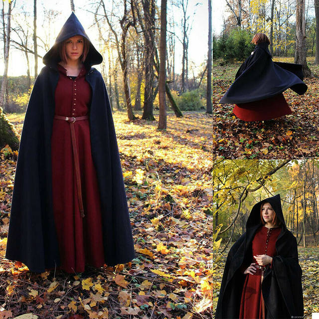 Unisex woolen fabric long cloak Halloween cape stage performance costume multi-color hooded long coat