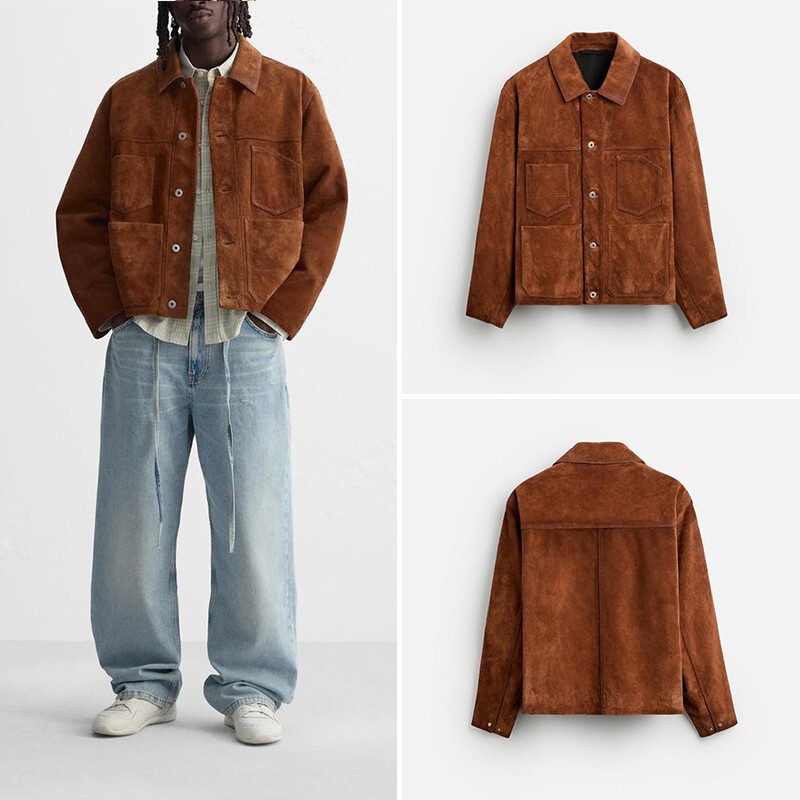 Cabinet 1499! Za Men's 2024 Winter Pocket Leather Lapel Casual Jacket Leather Coat 5388450