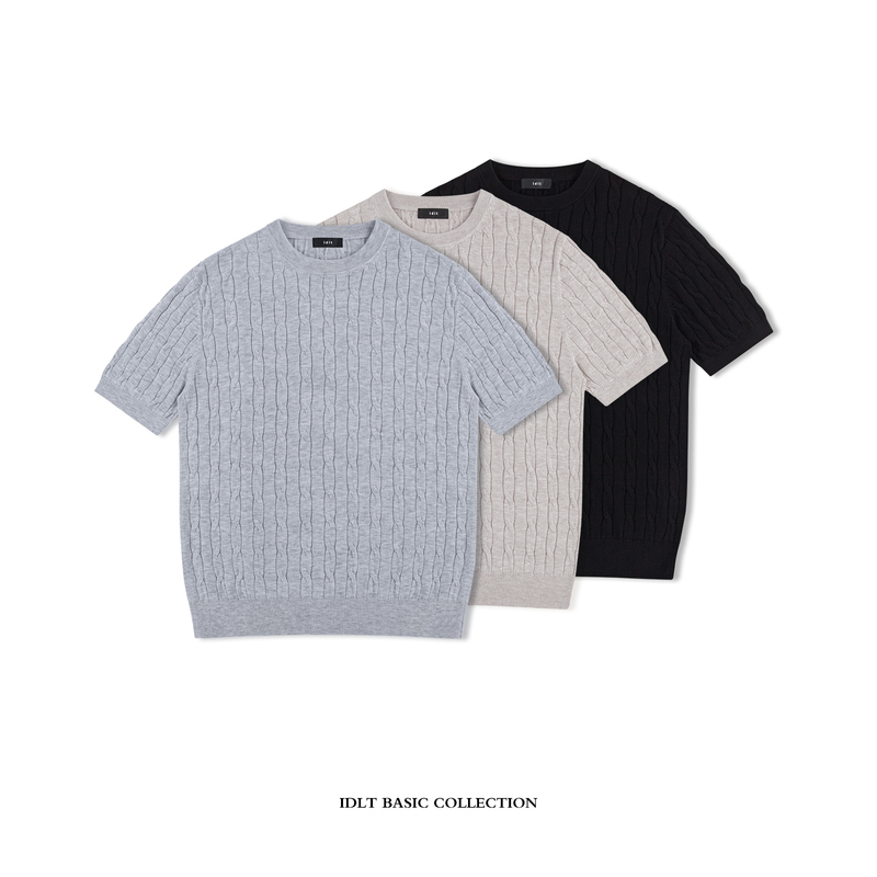 Idlt Cable Knit Regular Shoulder T-Shirt Upw Machine Washable Cotton-Feel Short Sleeve Men's Casual American Retro Old Money Style