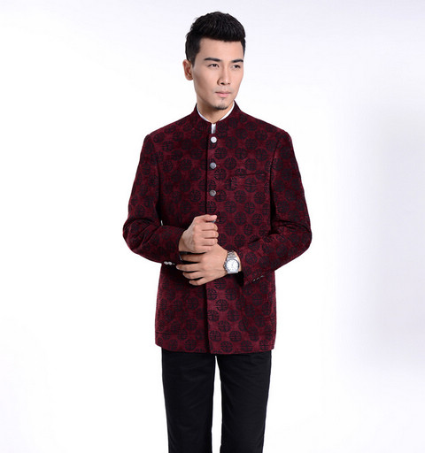 Quốc phục Trung Quốc áo khoác cổ áo trung niên nam cha áo khoác nam áo khoác váy cưới áo dài đỏ quần jean nam