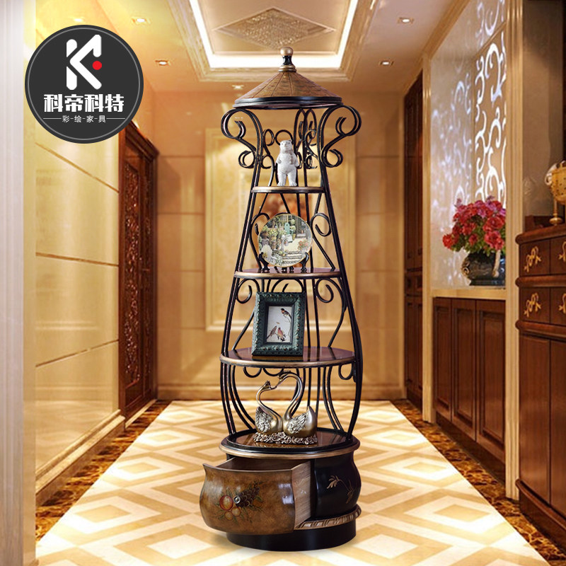 Iron art rack living room floor-to-ceiling storage solid wood rack multi-layer partition American corner wooden rack birdcage rack