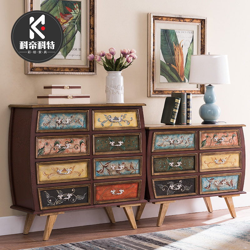 American Bucket Cabinet Containing Cabinet Living-room Finishing Cabinet Colored Drawing Solid Wood TV Bucket Cabinet Light Lavish Retro Bedroom 6 Bucket Cabinet