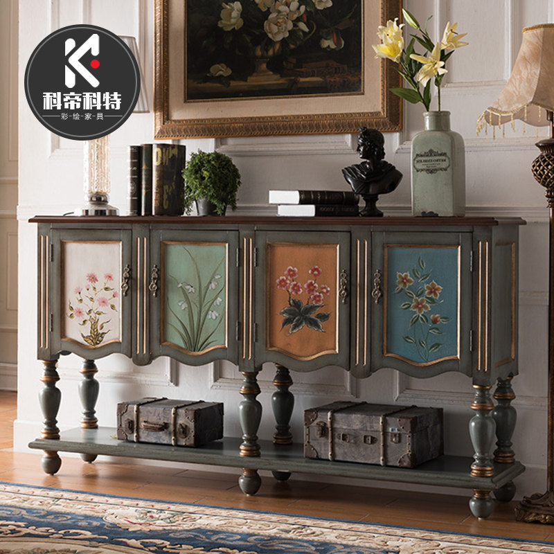 American painted retro porch table Mediterranean drawer cabinet solid wood double-layer storage porch table