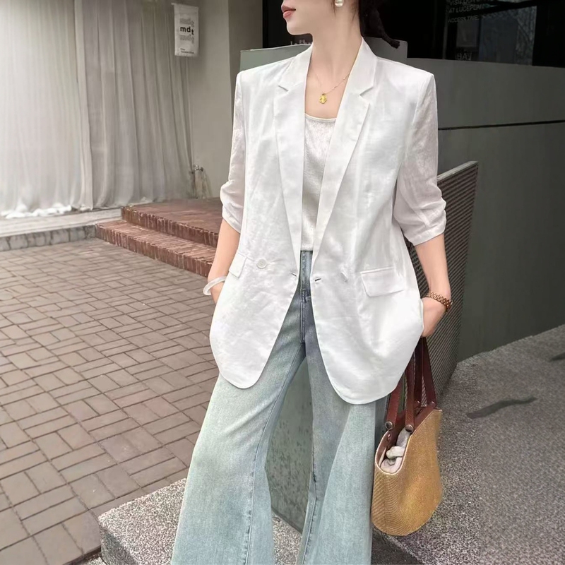 European Station 2026 Summer New Style 7-Sleeve Simple Linen Blazer Double-Breasted Slimming Fashionable Suit